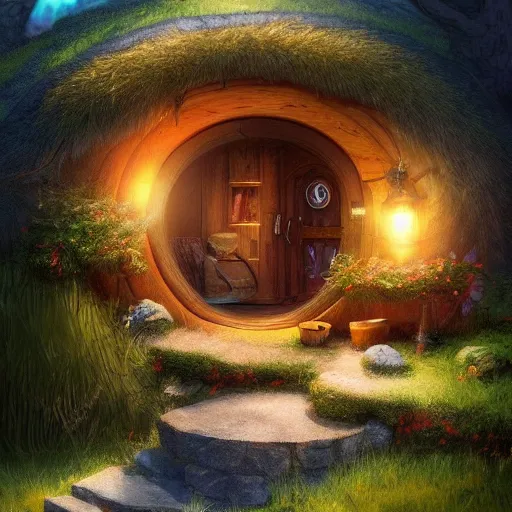 Prompt: a hobbit house with light coming out of a window, fantasy, digital art, artstation, beautiful, magical.