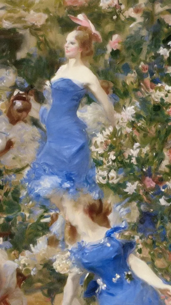 Image similar to a rabbit wear blue dress and dancing in botanical room by john singer sargent, cinematic, detailed