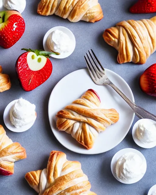 Image similar to apple turnover pastries, powdered sugar, strawberries, whipped cream, stylized art, sylvain sarrailh