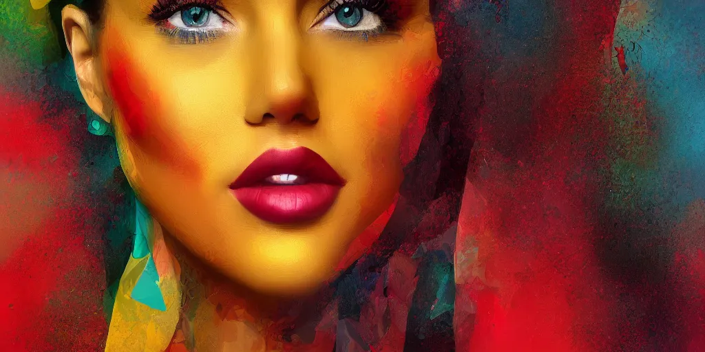 Prompt: digital painting of a beautiful woman. with accents of yellow and red