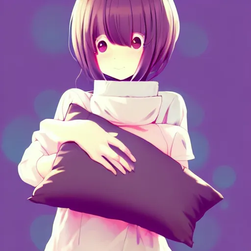 Prompt: cute anime girl hugging a pillow. in the style of Tomas Sanchez and Simon Stålenhag and krenz cushart and ilya kuvshinov. pixiv fanbox skeb.jp clipstudio medibang ichi-up CGWORLD key visual manga cover