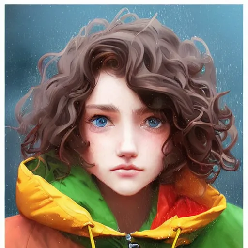 Prompt: a sixteen year old girl with short wavy curly light brown hair and blue eyes wearing a colorful raincoat in the rain. by artgerm and greg rutkowski and ilya kuvshinov