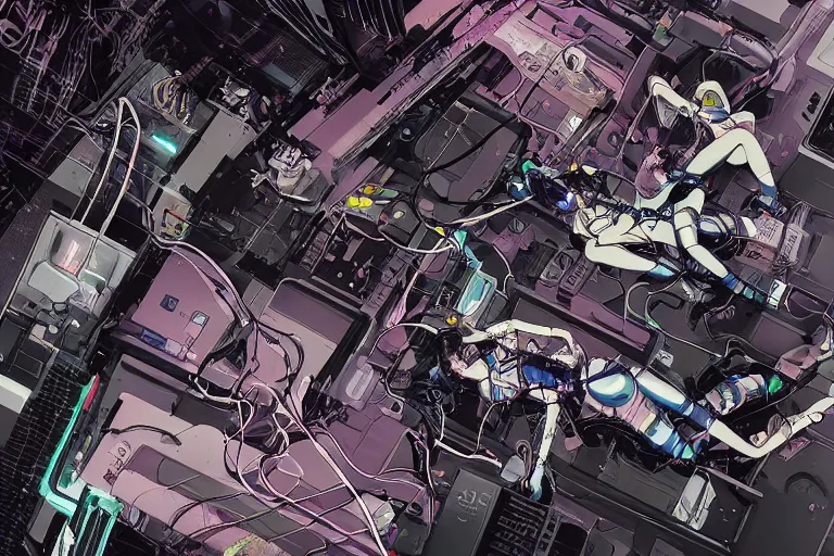 Prompt: a cyberpunk illustration of a group of female androids in style of masamune shirow, lying on an empty, white floor with their bodies scattered across, turned in different poses and cables and wires coming out, by yukito kishiro and katsuhiro otomo, hyper-detailed, intricate, view from above