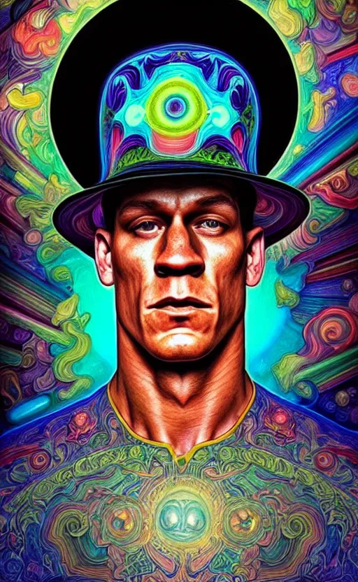 Image similar to An extremely psychedelic celestial John Cena in his black fedora hat, colorful, surreal, dramatic lighting, magic mushrooms, psilocybin, LSD, face, detailed, intricate, elegant, highly detailed, digital painting, artstation, concept art, smooth, sharp focus, illustration, art by Krenz Cushart and Artem Demura and alphonse mucha