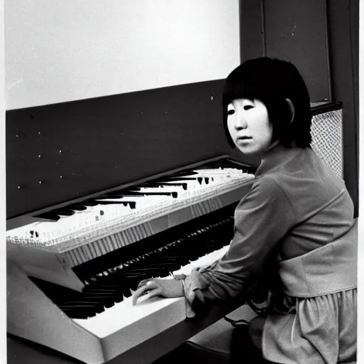 Prompt: 1 9 7 0 s photo of a female japanese musician playing a vintage modular synthesizer, hazy, faded