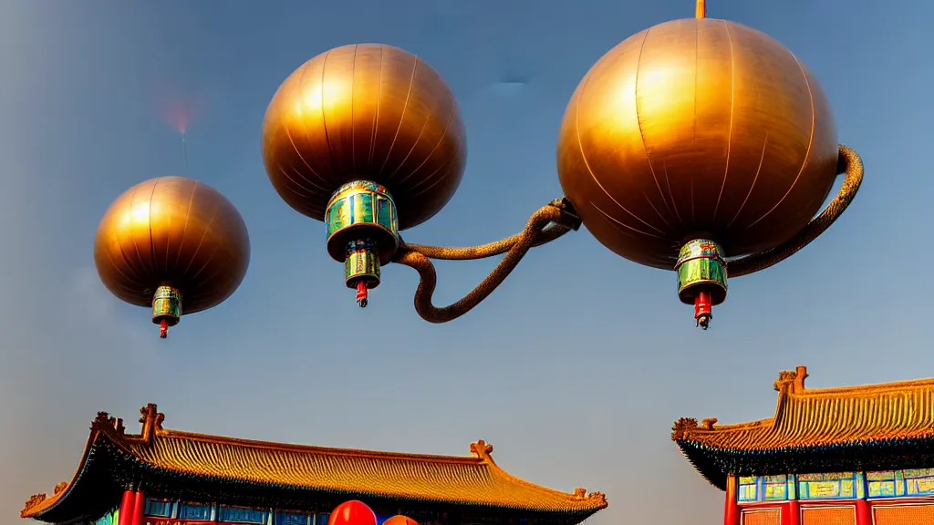 Image similar to large colorful futuristic space age metallic steampunk steam - powered balloons with pipework and electrical wiring around the outside, and people on rope swings underneath, flying high over the beautiful forbidden city in beijing city landscape, professional photography, 8 0 mm telephoto lens, realistic, detailed, photorealistic, photojournalism