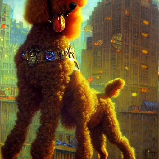 Image similar to portrait of a male furry poodle dog in jeans. shadowrun furaffiniy cyberpunk fantasy highly detailed painting by gaston bussiere craig mullins jc leyendecker gustav klimt artgerm greg rutkowski john berkey, bergey, craig mullins, ruan jia, raymond swanland, jeremy mann, tom lovell, alex malveda