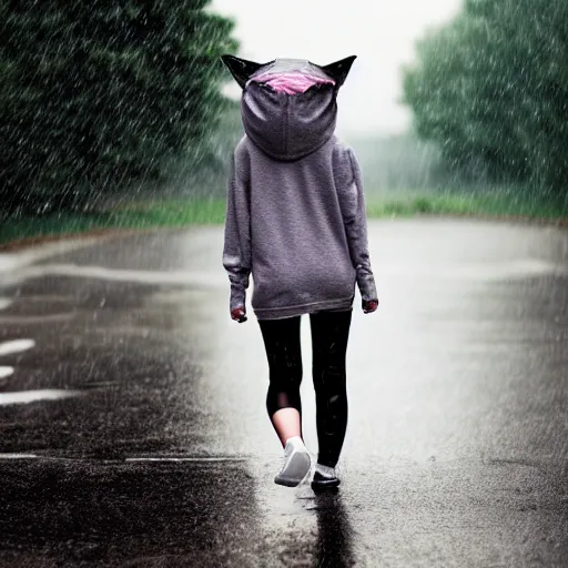 Image similar to a cute anime cyborg - girl wearing a cat hoodie walking in the rain