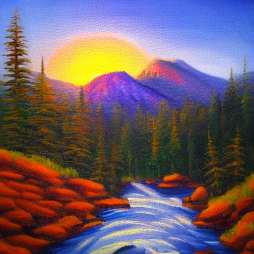 Prompt: beautiful mountain and a rising sun oil painting by spencergore