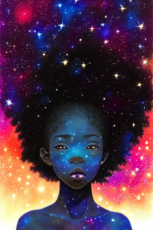 Image similar to ( a young black girl with a nebula afro ) standing under a ( tree made out of galaxy and stars ), trending on pixiv fanbox, painted by makoto shinkai takashi takeuchi studio ghibli, akihiko yoshida, yoshitaka amano, wangechi mutu, clean cel shaded vector art, illustration, hd, 8 k