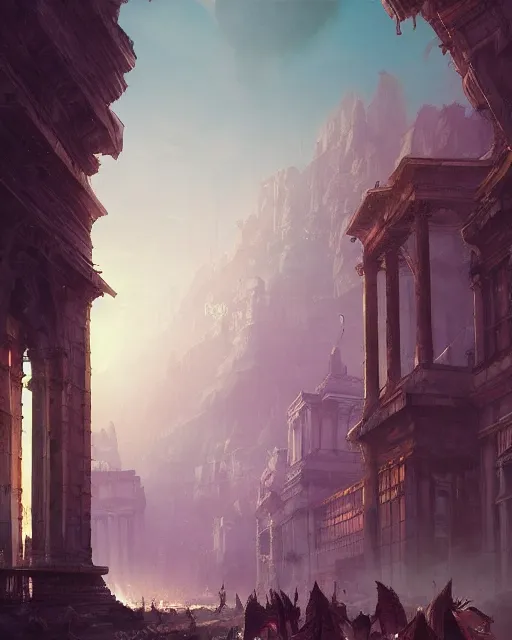 Prompt: eternal city, city of secrets, purple, environment art, fantasy art, landscape art, in the style of greg rutkowski, illustration, epic, fantasy, intricate, hyper detailed, artstation, concept art, smooth, sharp focus, ray tracing