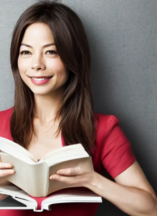 Prompt: kristin kreuk half korean actress wearing glasses holding a book on the cover of writers magazine, short hair, round face, photograph 8 k, magazine cover, depth of field