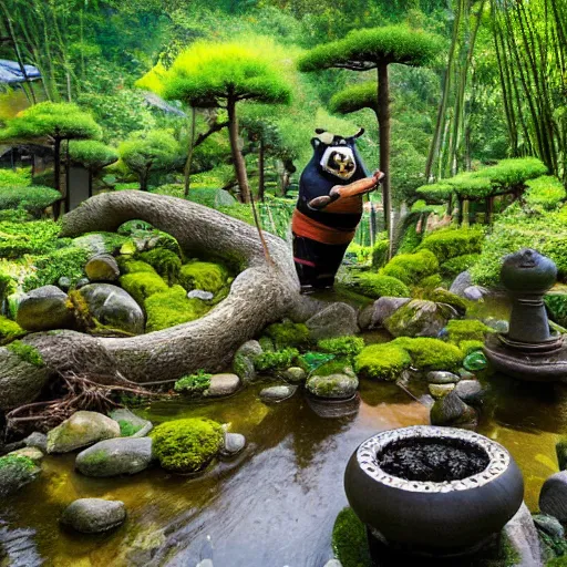 Prompt: photograph of Kung Fu Panda practicing in a Japanese mystical village, bonsai, streams, bamboo forest, koi ponds