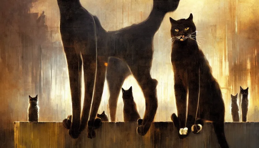 Prompt: contemporary semi abstract acrylic painting of really tall cats by william turner, by greg rutkowski, kessler art, thick brush strokes and visible paint layers