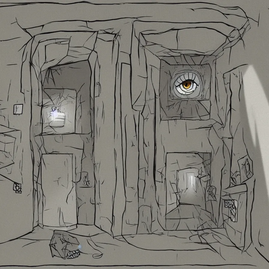 Image similar to an intelligent room that is aware of everything inside it, the room has eyes, appendages, and a mouth. there are scared prisoners inside the intelligent room