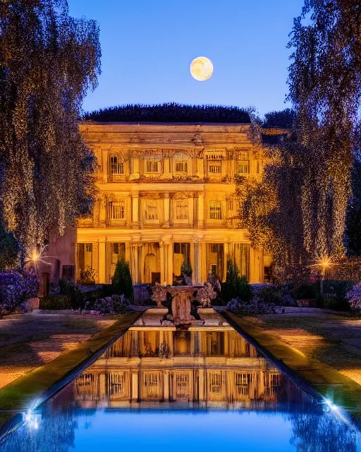 Image similar to photo of beautiful rococo courtyard under moonlight, large glowing moon, pool with reflections, weeping willows and flowers, hellenistic sculptures, romantic, archdaily,