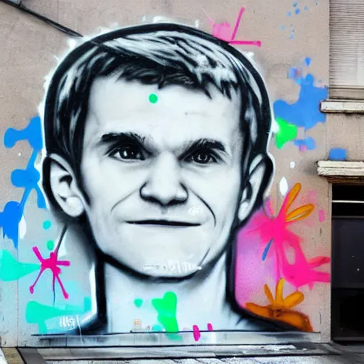 Image similar to spray paint graffiti of vitalik buterin Ethereum on walls in the style of banksy