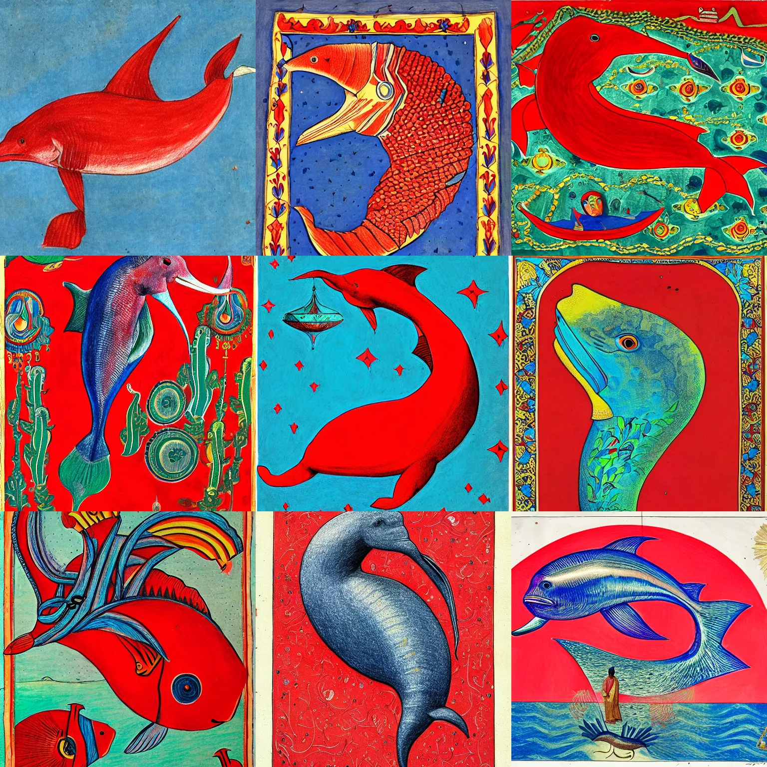Prompt: a drawing of a red dolphin, tumblr, qajar art, maximalist, official art, artwork
