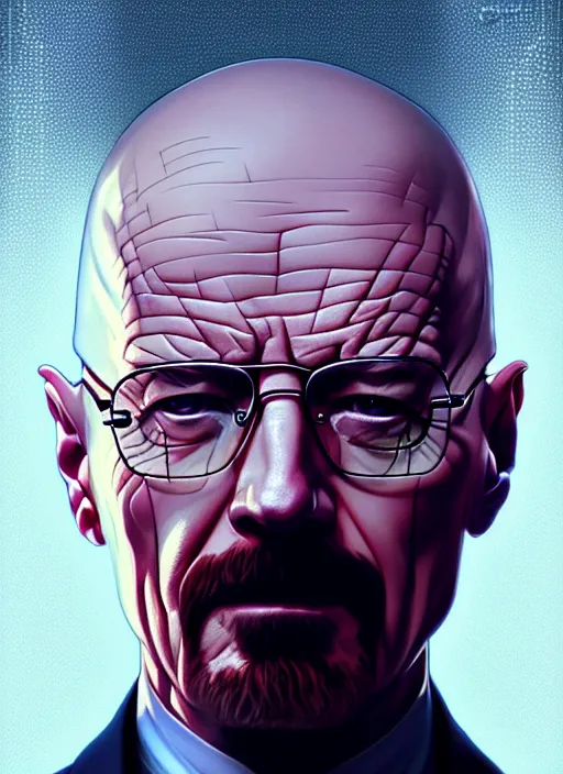 Image similar to symmetry portrait of walter white, glowing lights intricate, elegant, highly detailed, digital painting, artstation, concept art, smooth, sharp focus, illustration, art by artgerm and greg rutkowski and alphonse mucha