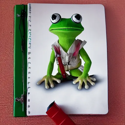 Prompt: frog cleric as an albino chibi muppet plush made entirely from transparent egg white sheer fabric wearing red and green overalls and carrying a tiny sketch book and pencil, photorealistic, photography, national geographic, sesame street