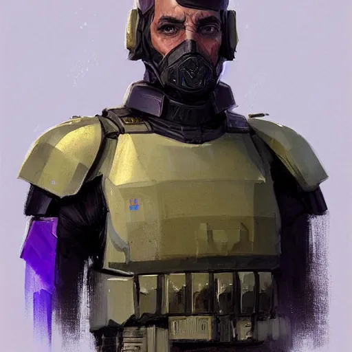 Image similar to concept art of a portrait by greg rutkowski, a soldier of the eternal empire wearing purple and black tactical gear, star wars expanded universe, smooth, sharp focus, artstation hq.