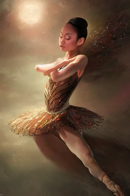 Image similar to filipina prima ballerina, gorgeous, ethereal, intricate, elegant, volumetric lighting, nature scenery, digital painting, highly detailed, artstation, sharp focus, illustration, concept art, clive barker