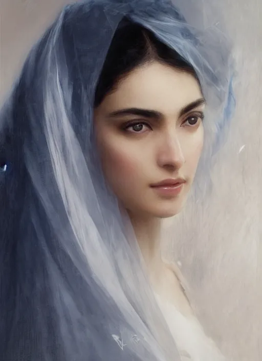 Image similar to Ameera al-Taweel, crystal blue eyes, wavy black hair, tanned skin, white veil, intricate, elegant, highly detailed, artstation, concept art, sharp focus, ruan jia, jurgens, orientalism, bouguereau