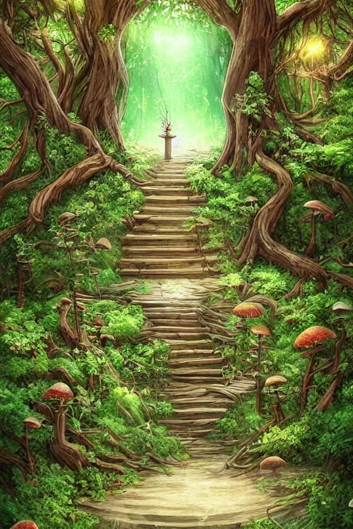 Image similar to professional digital art detailed forest tree with door and stairs, magical forest flowers mushrooms cgsociety wlop behance by pixiv