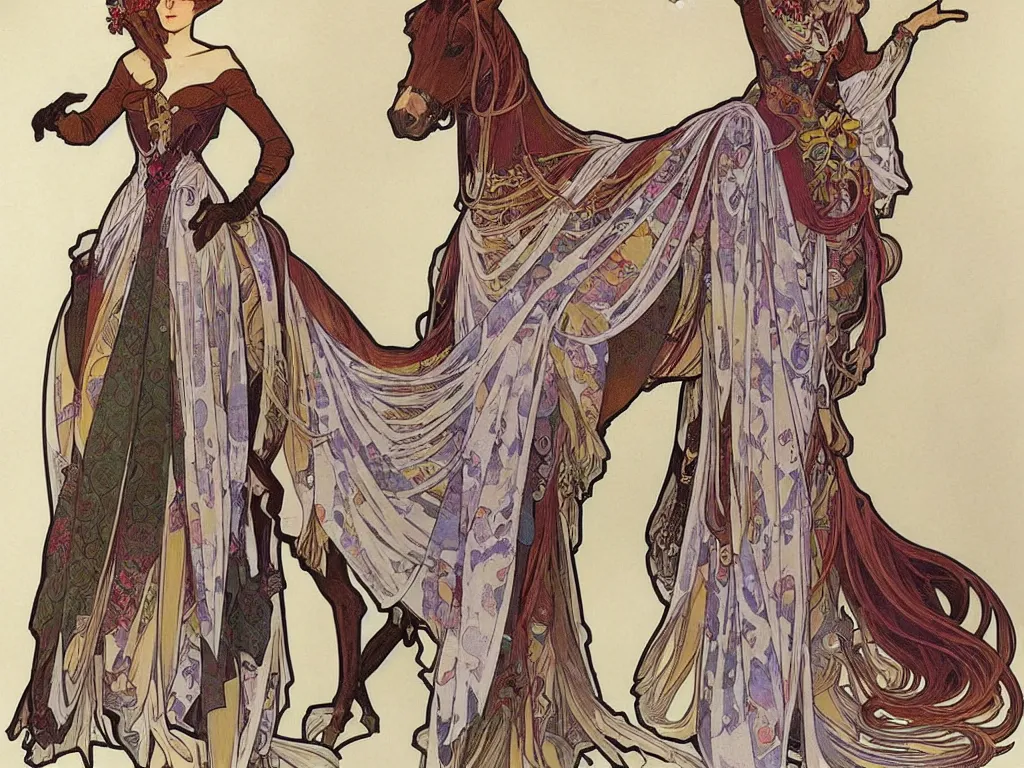 Prompt: 4 elegant full length spider horse dress designs with natural history prints designed by alphonso mucha