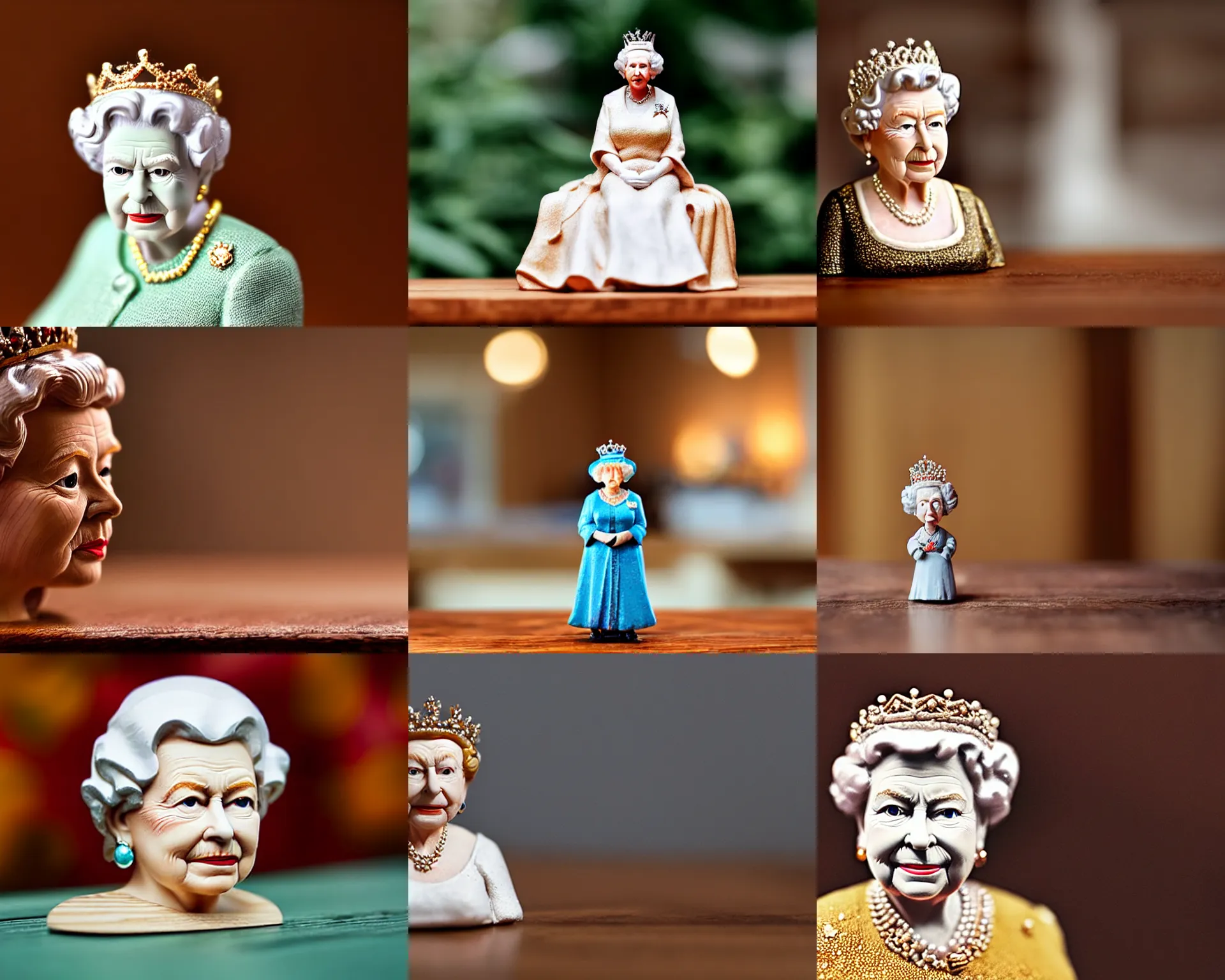 Prompt: queen elizabeth figurine by Pixar sad bokeh on wooden table.