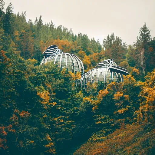 Prompt: sci fi round buildings in a steep sided valley with trees, a sense of hope and optimism, stark light, day time, unsplash, national geographic, hd, high res