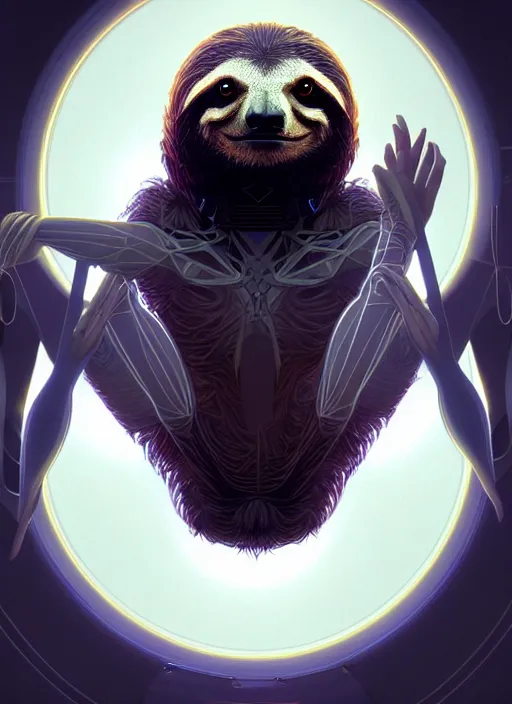 Image similar to symmetry!! portrait of a sloth, sci - fi, tech wear, glowing lights!! intricate, elegant, highly detailed, digital painting, artstation, concept art, smooth, sharp focus, illustration, art by artgerm and greg rutkowski and alphonse mucha