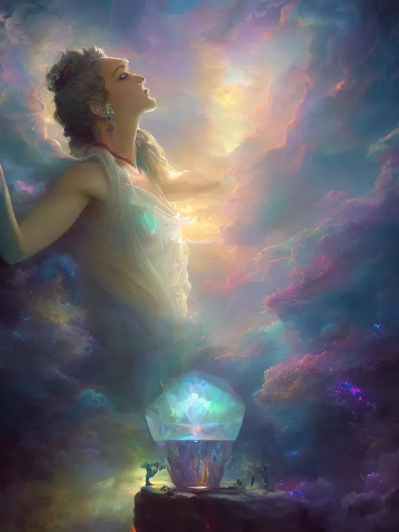 Prompt: a ultradetailed beautiful matte painting of a prismatic crystal absorbing the wonderful colors of the emotion around it to open the dream, oil painting, high resolution 4 k, by tom bagshaw, greg rutkowski, charlie bowater and artgeem