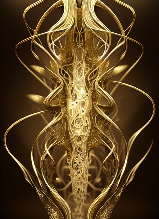 Image similar to abstract organic ornament in fluid creature, white and gold biomechanic plastic, glow lighting, fantasy, intricate, elegant, highly detailed, lifelike, photorealistic, octane render, 3d, concept art, smooth, sharp focus,