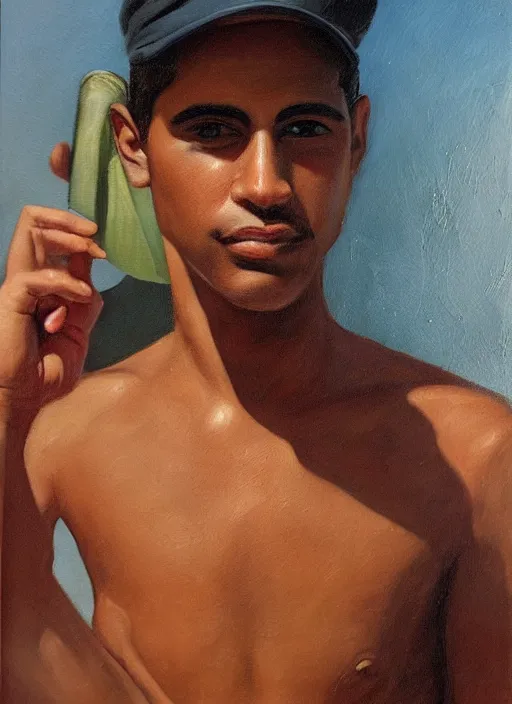 Image similar to portrait of a handsome cuban boy in old havana, painting by bob byerly and manuel sanjulian, oil on canvas, hyperrealism