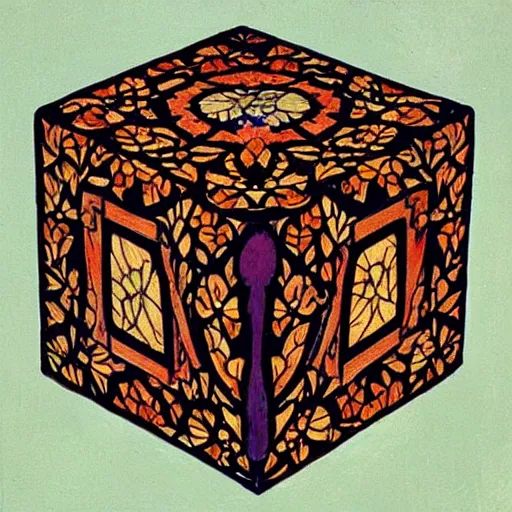 Image similar to beautiful painting of companion - cube!!!!!!!!!!!!!!!!! companion - cube!!!!!!!!!!!!!!!!!, art nouveau. by william morris, gaudy colors. intricate linework. sharp edges.