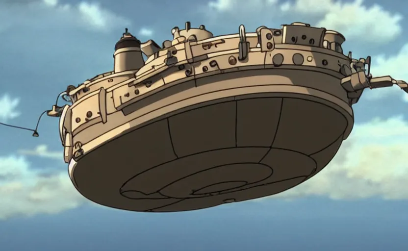 Image similar to a cell - shaded cartoon movie still from howl's moving castle ( 2 0 0 4 ) of a chrome ufo. very dull muted colors, hd, 4 k, hq