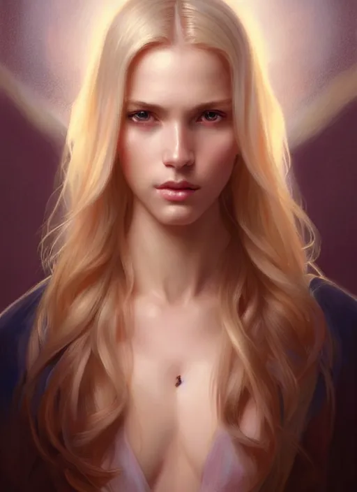 Image similar to perfect feminine face!! portrait of young wife blessed by god with ever - increasing physical mental perfection, blonde, symmetrical! intricate, sensual features, highly detailed, biblical divine holy!! digital painting, artstation, concept art, smooth, sharp focus, illustration, art by artgerm and greg rutkowski and alphonse mucha