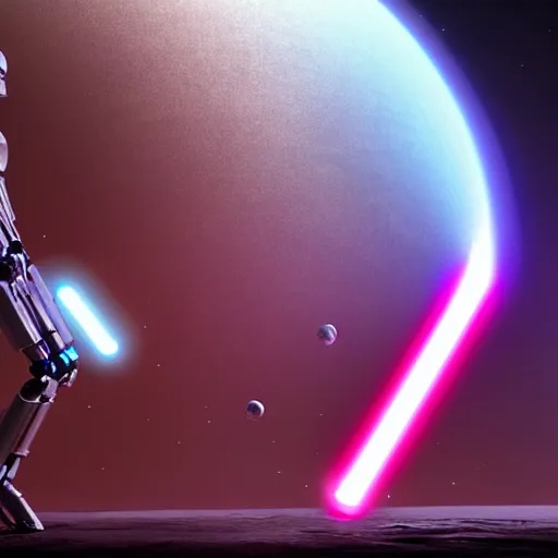 Image similar to humanoid robot wielding lightsaber in front of a violet planet, unreal engine, featured on cgsociety, scifi futuristic character concept