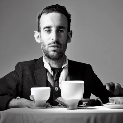 Prompt: portrait of a 3 0 years old frenchman in 2 0 2 0 seated at a table. award winning photography, 5 0 mm, studio lighting, black and white, contrasted.