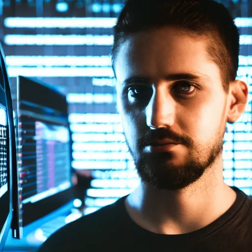 Prompt: a Portrait of a hacker, computer screens in the background, dark, dramatic, realistic studio lighting, realistic reflections, 4k, professional, canon