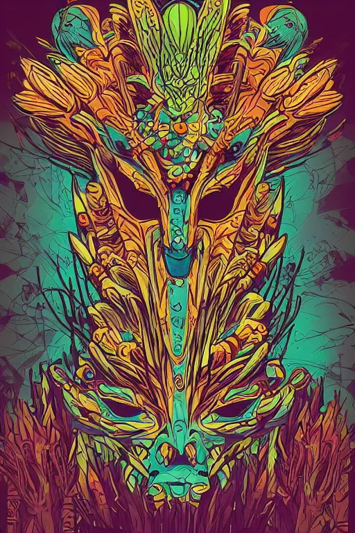 Image similar to animal mask totem roots flower tribal feather gemstone plant wood rock shaman vodoo video game vector cutout illustration vivid multicolor borderlands comics by josan gonzales and dan mumford radiating a glowing aura