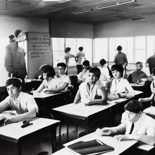 Prompt: a student in a class standing on a desk, in the diving position, ready to dive off the table, his classmates are watching, photograph, color, highly realistic