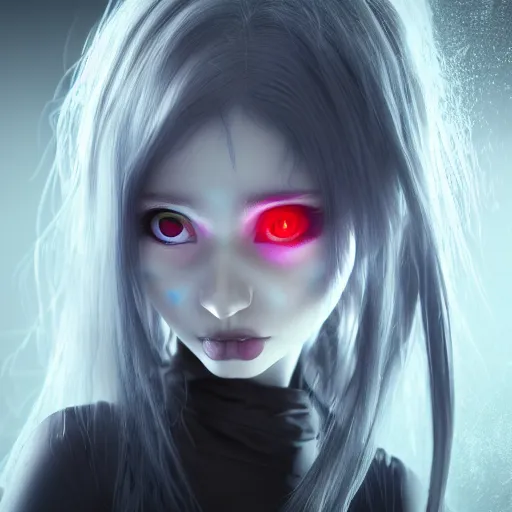 Prompt: photorealistic full shot portrait of angry darkness anime girl, electric aura, ( ( beautifull eyes ) ) inspired by tim burton, detailed, unreal engine 4 k, volumetric light, fog