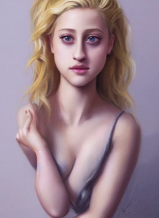 Image similar to full body portrait, teenage lili reinhart, blonde hair, obese, bangs, ponytail, sultry, realistic, sultry smirk, fluffy bangs, curly bangs, fat, belly, intricate, elegant, highly detailed, digital painting, artstation, concept art, smooth, sharp focus, illustration, art by wlop, mars ravelo and greg rutkowski