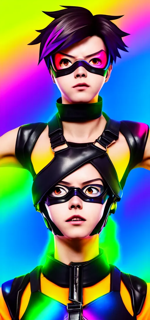 Image similar to full body overwatch style oil painting portrait of tracer overwatch, confident pose, wearing black jagged iridescent rainbow latex armor, rainbow, neon, 4 k, expressive surprised expression, makeup, wearing large rainbow neon choker, studio lighting, black leather harness, expressive detailed face and eyes,