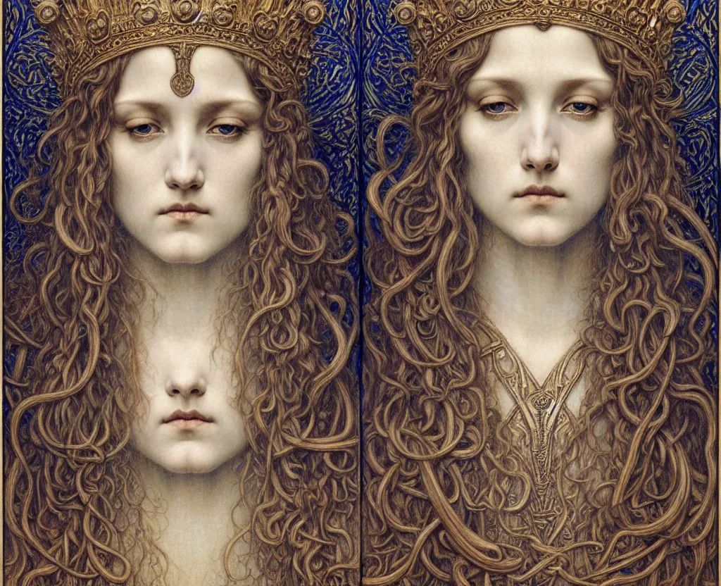 Image similar to detailed realistic beautiful young medieval queen face portrait by jean delville, gustave dore and marco mazzoni, art nouveau, symbolist, visionary, gothic, pre - raphaelite. horizontal symmetry