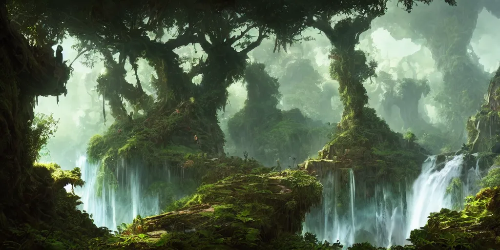 Image similar to Fantasy overgrown world , planet, waterfalls, ancient tree, Greg Rutkowski, Mike mignola, Kim Jung Gi, trending on Artstation, 8K, ultra wide angle, pincushion lens effect.