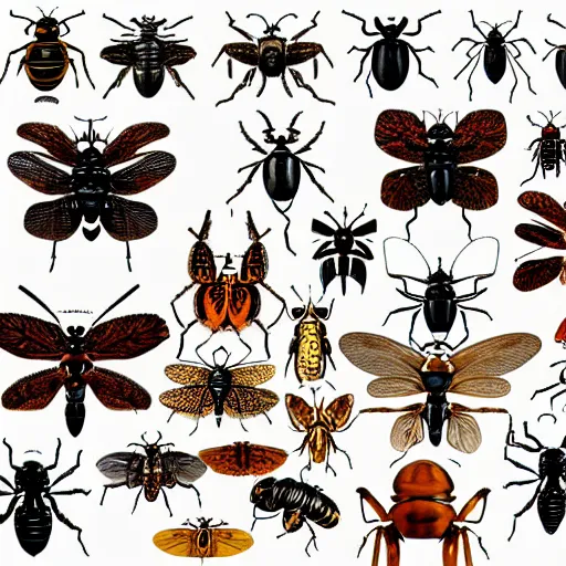 Prompt: a group of different types of insects on a white background, an illustration of by ernst haeckel, shutterstock contest winner, mingei, photoillustration, made of insects, wimmelbilder