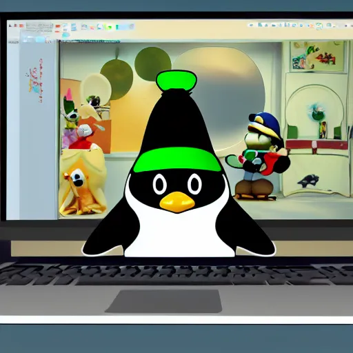 Image similar to penguin from linux with a luigi hat sits in front of a laptop, background is a room filled with anime posters, digital art, blender, 4 k